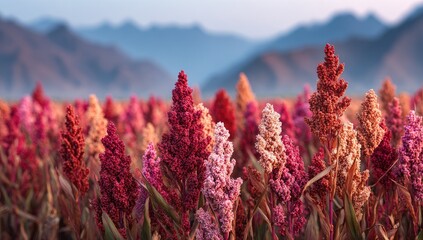 Colorful quinoa field at dawn. Misty mountains in the background. A tapestry of vibrant hues ? reds, pinks, and oranges