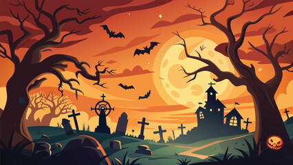 Spooky halloween night scene with orange glow and silhouetted elements under a full moon