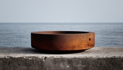 Rusty metal bowl on a concrete ledge overlooking the sea