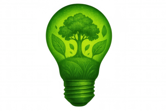 Eco-friendly light bulb containing verdant landscape, symbolizing green energy conservation with transparent setting - Powered by Adobe