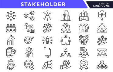 Stakeholder and Partnership Linear Icon Collection. Team, Business, Collaboration, Leadership, Management, Company, Strategy, Group, Communication, Investors. Thin Line UI Pack