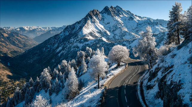 Aerial view of snowy mountains and a winding road under clear sky, Julierpass, Grisons, Switzerland.