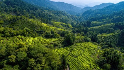 High-angle view of terraced tea plantations nestled in a valley. Lush green foliage of tea bushes and trees. Mountains in the background