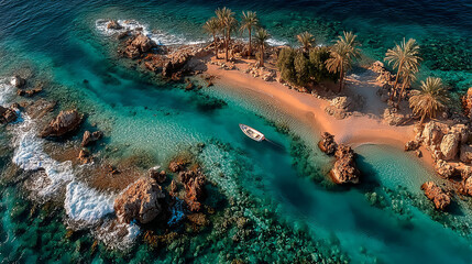 Aerial view of beautiful Paradise Island with sandy beach and crystal clear blue water, Hurghada, Red Sea, Egypt.