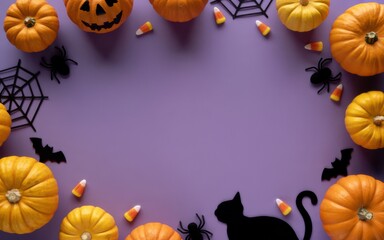 Halloween Flat Lay with Pumpkin Border, Candy Corn, and Black Cat