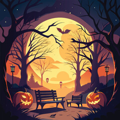 Spooky halloween scene with glowing jack o lantern and dark atmosphere