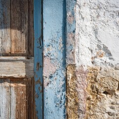 Weathered wooden door and stone wall. 