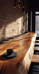 Wooden bar counter, sunlight streams through