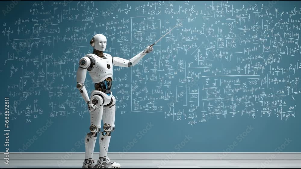 Poster robot teaching mathematics in a modern classroom setting with chalkboard equations