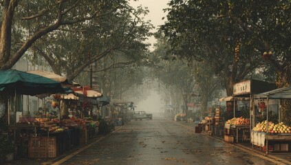 Misty market street lined with stalls