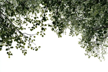 Lush green leaves and branches form a frame against a bright white background