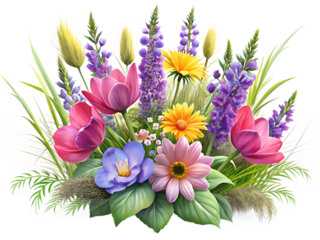 A vibrant bouquet of mixed wildflowers and grasses in pink purple yellow and blue on a black background