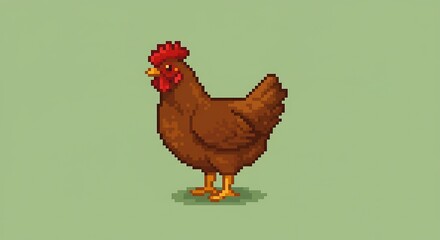 Pixel art of a brown chicken with a red crest, retro style, simple background