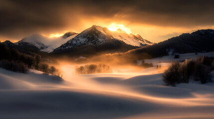 A stunning winter scene with snow-covered mountain peaks bathed in golden light, casting long shadows over a peaceful valley covered in a blanket of snow.