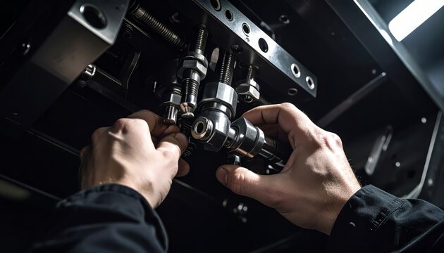 Close up of technician hands repairing intricate machinery with precision and expertise in a dark industrial setting