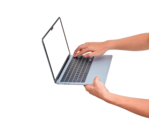 Hands using modern laptop with customizable blank screen. Isolated on transparent PNG. Concept for technology, business, finance and advertising.