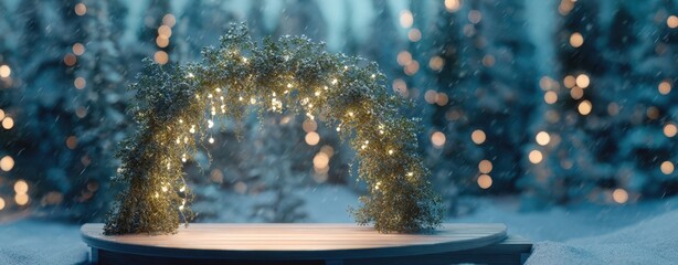 The glowing arch adorned with lights in a winter wonderland setting.