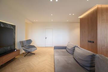 modern living room features a gray sofa, unique armchair, and TV. Light wood floors and recessed...