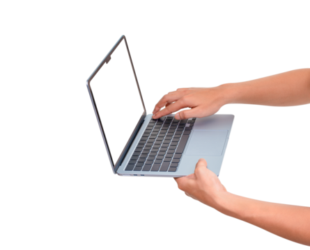 Hands using modern laptop with customizable blank screen. Isolated on transparent PNG. Concept for technology, business, finance and advertising.
