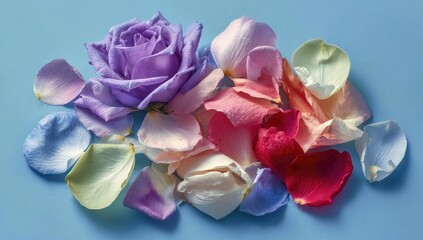 Colorful rose petals scattered on a light blue background. 
