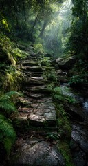 Moss-covered stone steps ascend a misty forest trail. Sunlight filters through the canopy