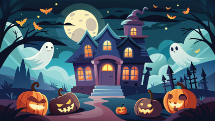 Charming illustration of a spooky halloween scene with festive elements and classic fonts