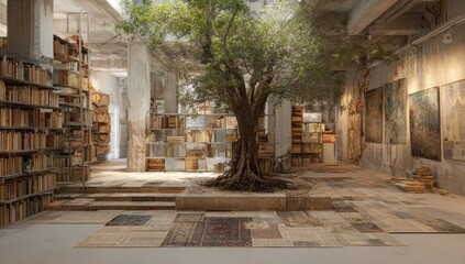 Obraz premium Rustic library with a central tree, books, and art