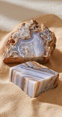 Two pieces of natural stone, one rough, one sculpted, rest on a beige surface.  A light source highlights the intricate veining patterns within