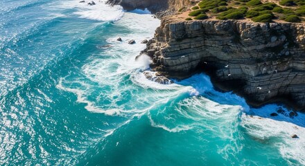 Ocean Waves Crashing Against Rugged Coastline