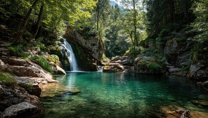 Fototapeta premium Tranquil mountain stream cascading into a clear, emerald pool, surrounded by lush green forest