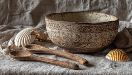 Rustic ceramic bowl with wooden spoons and shells on a linen cloth