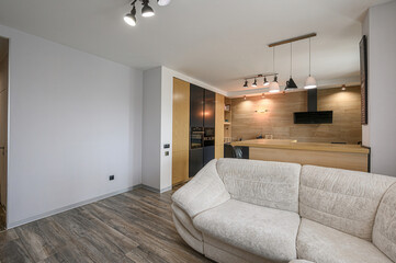 Modern apartment interior featuring a beige sofa, wood-look flooring, a sleek kitchen with wood and...