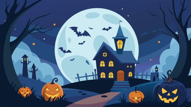 Circular halloween scene with spooky elements and festive colors for decorations and graphics