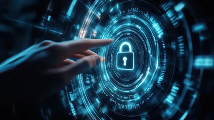 Finger touching a digital padlock icon surrounded by glowing blue circular technology elements