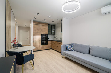 modern living space with a kitchen, dining area, and lounge. Neutral tones with wood accents give a warm, contemporary feel. Clean lines and minimalist decor create an inviting atmosphere