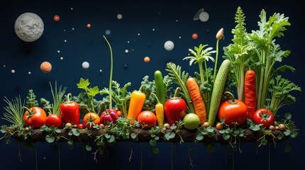 Vibrant vegetable display in cosmic setting fresh produce colorful arrangement space background