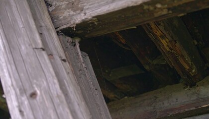 Decayed wooden beams, revealing the deterioration within a dilapidated structure.