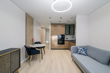 Modern apartment interior with light wood floors, minimalist furniture, and a sleek kitchen in the background