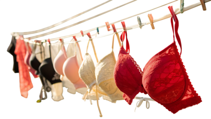 Assortment of Women's Bras Hanging on a Clothesline with Clothespins lingerie clothing