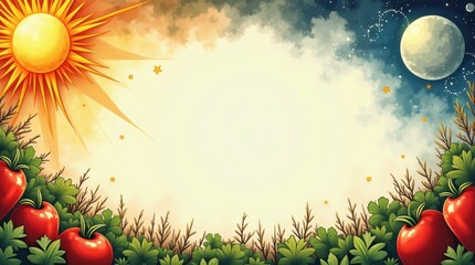 Harvest celebration of fresh vegetables in a vibrant garden day and night contrast colorful artwork