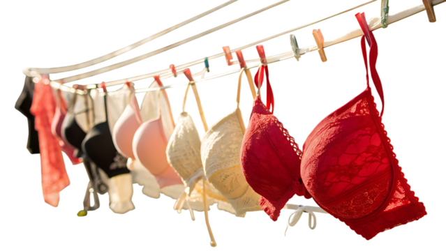 Assortment of Women's Bras Hanging on a Clothesline with Clothespins lingerie clothing - Powered by Adobe