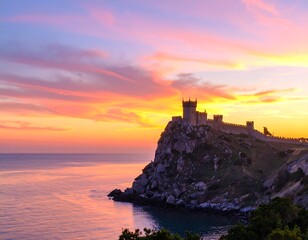 Obraz premium Dramatic sunset over coastal castle