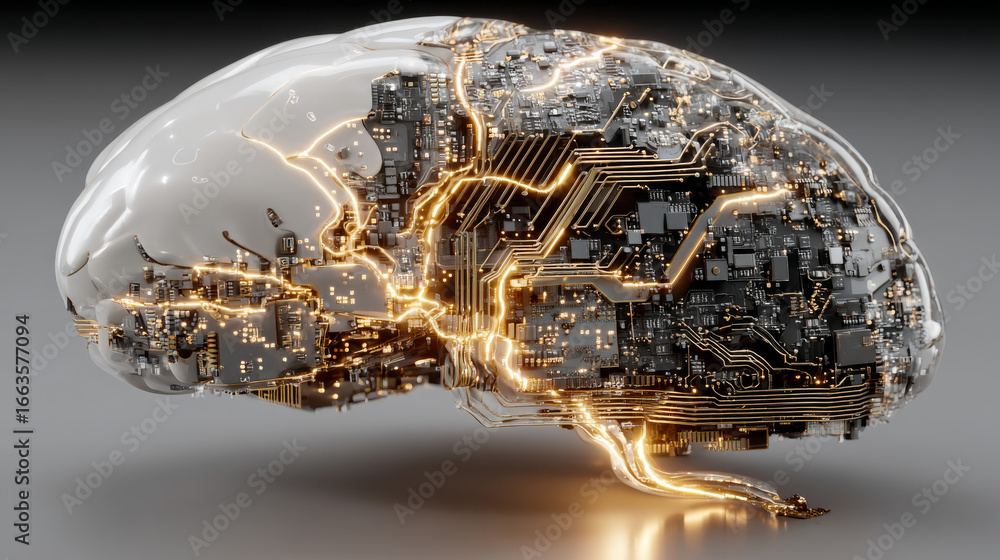 Poster digital brain with circuit and ai cocept. 3d rendering.