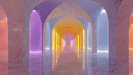Obraz premium Colorful arched hallway with marble walls and vibrant lighting