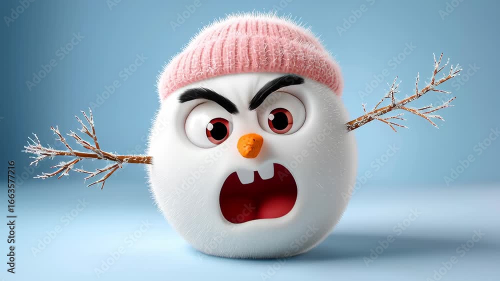 Poster animated snowman character with a pink knitted hat displays a range of emotions, showcasing an expre