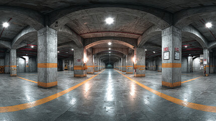 Full  spherical hdri panorama 360 degrees in empty underground garage parking with columns and road markings in equirectangular projection,  VR content