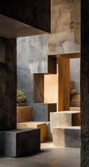 Interior concrete structures, sunlight filtering through