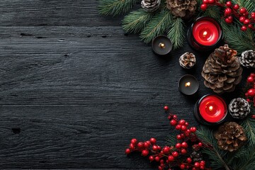 Red and dark candles, pine cones, and berries on a dark wooden background