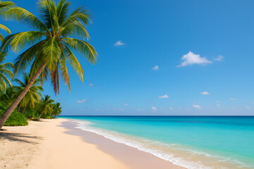 Fototapeta premium Tropical Beach Paradise with Palm Trees and Clear Blue Water under a Bright Sky
