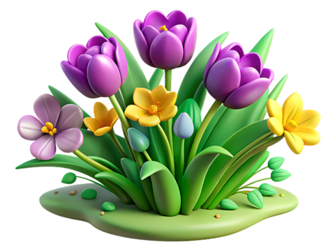 Cheerful 3D Rendered Spring Flowers with Tulips and Small Yellow Blooms on Transparent Background